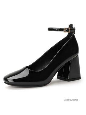 IDIFU Women's Block Heel Pumps with Ankle Strap Closed Toe Square Toe